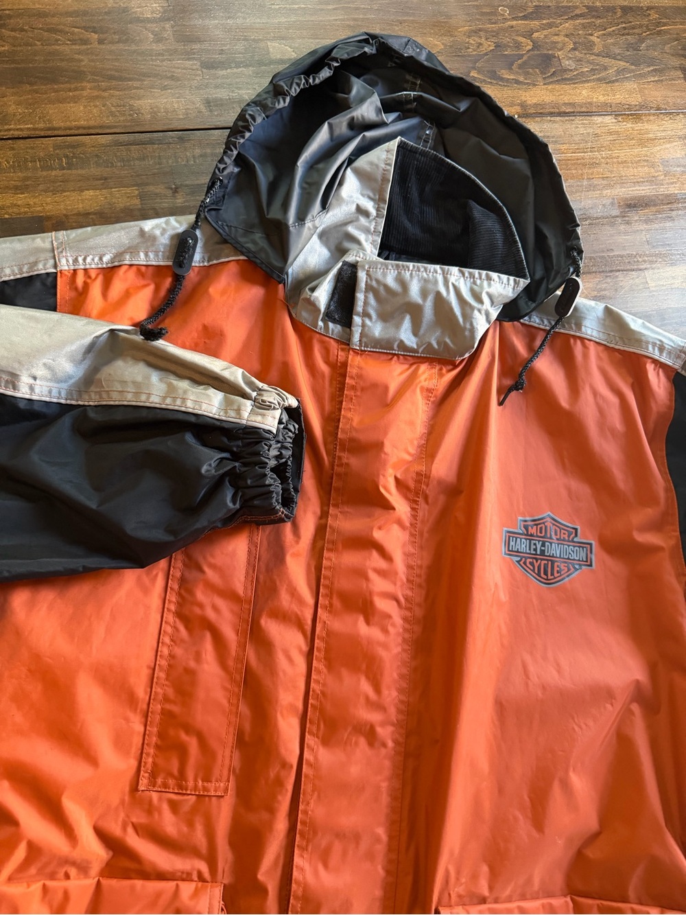 Harley Davidson Orange Black Nylon Lined Hooded Rain Riding Men’s Size Medium